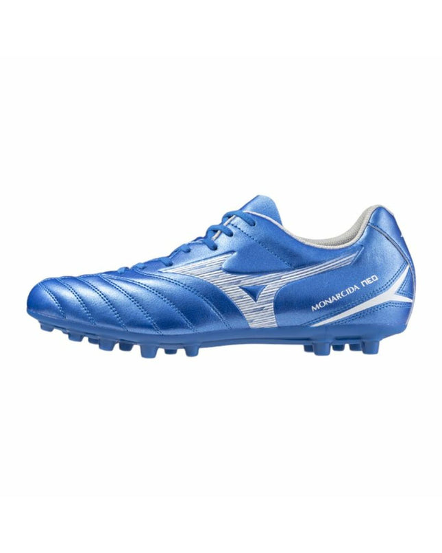 Blue Mizuno Monarcida Neo III Select adult football cleats for outdoor soccer, featuring a sleek design and durable outsole.