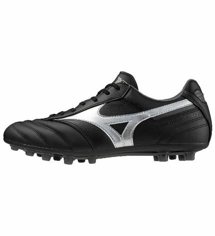 Black Mizuno Morelia II Pro AG adult football boots, lightweight sport and outdoor soccer shoes with professional design.