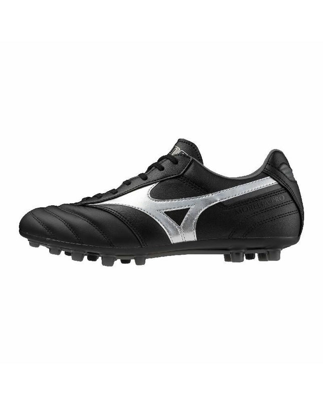 Black Mizuno Morelia II Pro AG adult football boots, lightweight sport and outdoor soccer shoes with professional design.