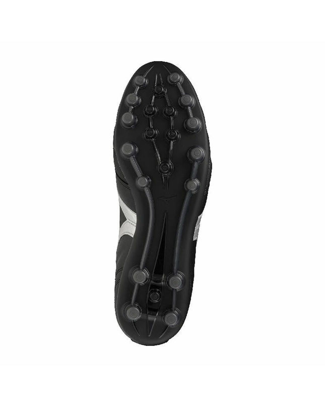 Black Mizuno Morelia II Pro AG adult football shoes for outdoor soccer, featuring durable design and high-performance grip.