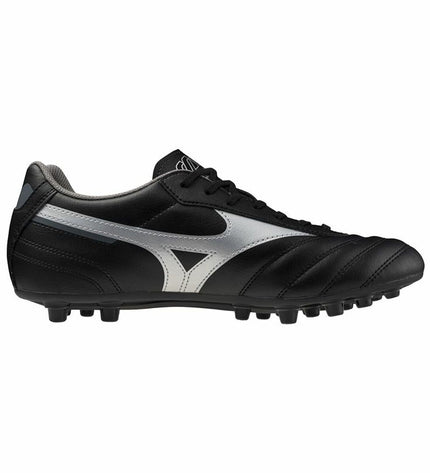 Black Mizuno Morelia II Club Ag adult football shoes with leather upper and studded sole for outdoor soccer playing.