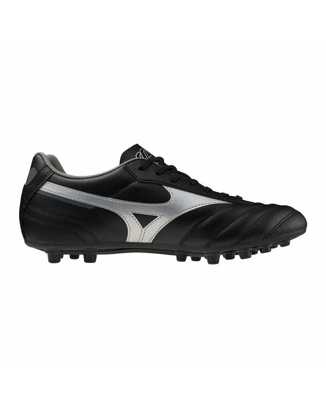 Black Mizuno Morelia II Club Ag adult football shoes with leather upper and studded sole for outdoor soccer playing.