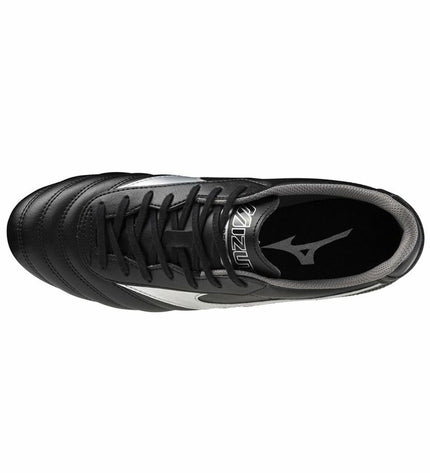 Black Mizuno Morelia II Club Ag adult football shoes with leather upper and turf sole for outdoor soccer.