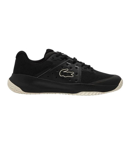 Black Lacoste Power Serve tennis shoes for women, sporty outdoor footwear with a sleek design and comfortable fit.
