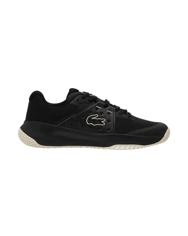 Black Lacoste Power Serve tennis shoes for women, sporty outdoor footwear with a sleek design and comfortable fit.