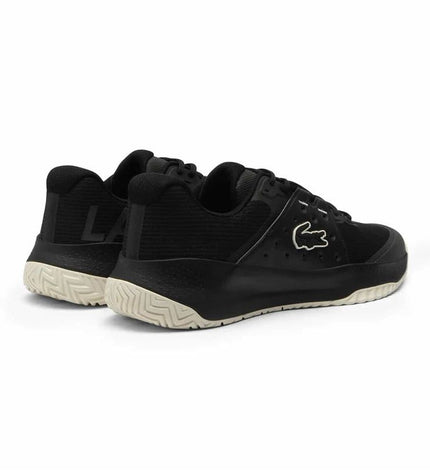 Black Lacoste Power Serve tennis shoes for women, sporty outdoor footwear with sleek design and comfortable fit.