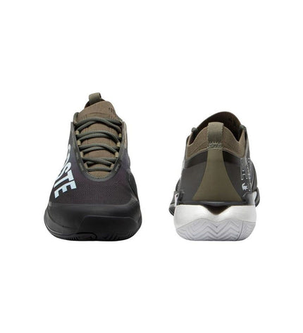 Lacoste AG-LT Lite men's tennis shoes in khaki and olive green, sport outdoor tennis footwear with breathable design and Lacoste branding.