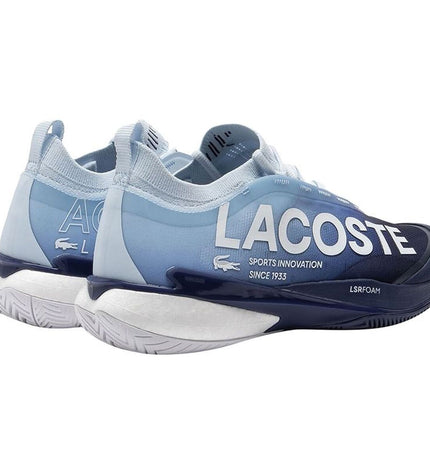 Lacoste AG-LT Lite men's blue tennis shoes with white accents, sport and outdoor tennis footwear, side view showing design details.