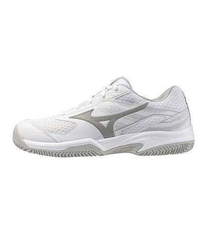 Mizuno Break Shot 5 Cc women's tennis shoes in white, designed for sport and outdoor tennis play, with supportive athletic features.