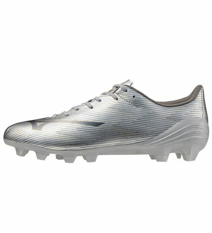 Gray Mizuno Alpha i Select adult football soccer shoes, sport and outdoor footwear with cleats for playing on the field.