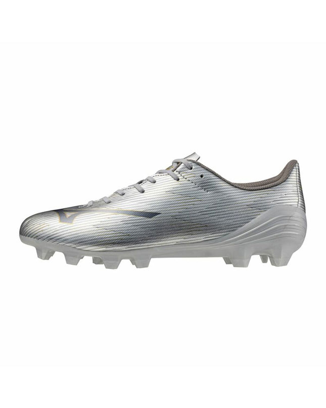 Gray Mizuno Alpha i Select adult football soccer shoes, sport and outdoor footwear with cleats for playing on the field.