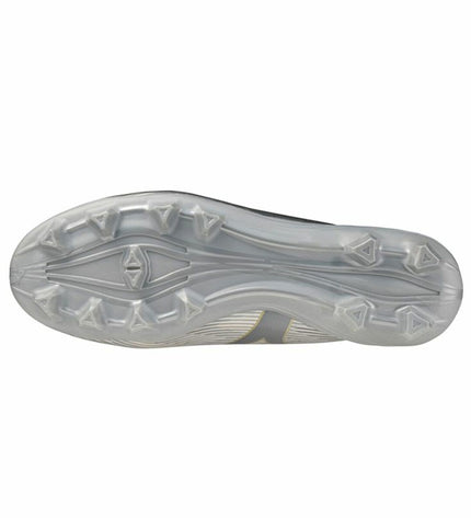 Gray Mizuno Alpha i Select adult football shoes for outdoor soccer, featuring sport and outdoor design with cleats.
