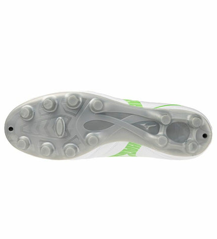 Mizuno Monarcida Neo III Select adult football boots in lime green, sport outdoor soccer shoes with synthetic upper and rubber sole.