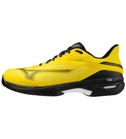 Yellow Mizuno Wave Exceed tennis paddleshoes for adults, designed for sport and outdoor tennis play.