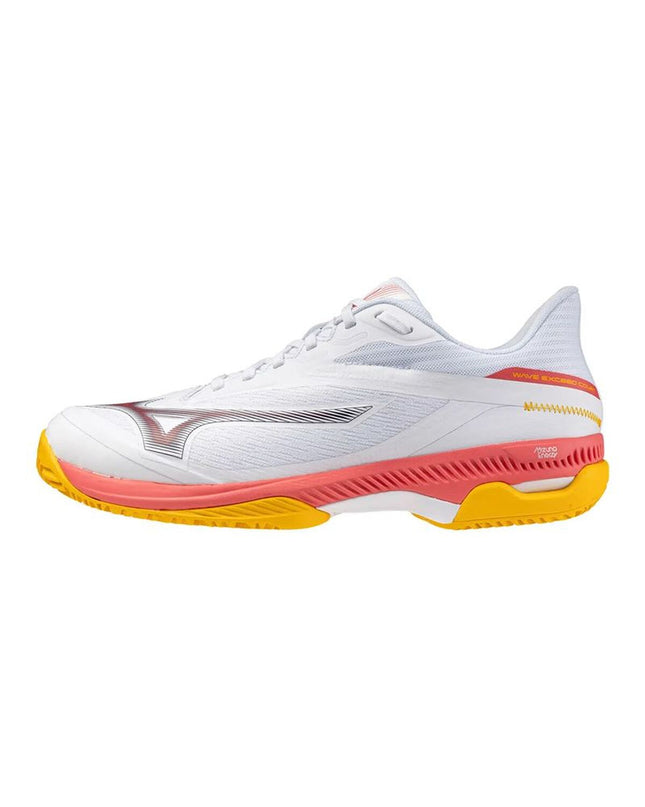 White Mizuno Wave Exceed Court CC tennis shoes for adults, designed for sports and outdoor tennis play.