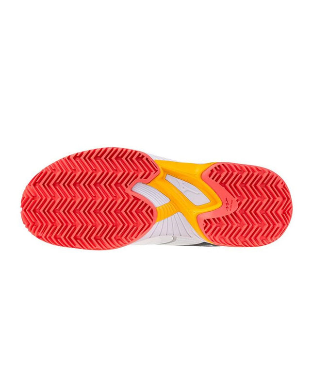 Adult Mizuno Exceed Court CC tennis shoes in white, designed for outdoor sport and tennis play, featuring a supportive athletic build.