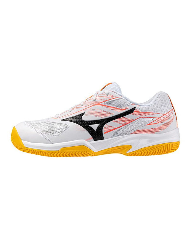 White Mizuno Break Shot 5 CC adult padel tennis shoes with breathable design and supportive sole for sports and outdoor play.