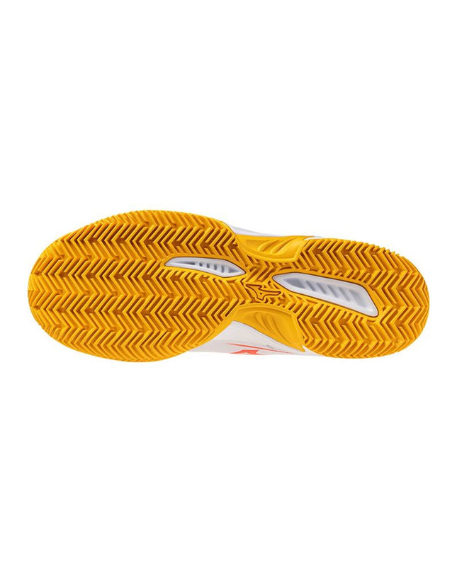 Mizuno Break Shot 5 CC adult tennis paddleschoenen, white sport footwear for outdoor tennis, side view showing design details.