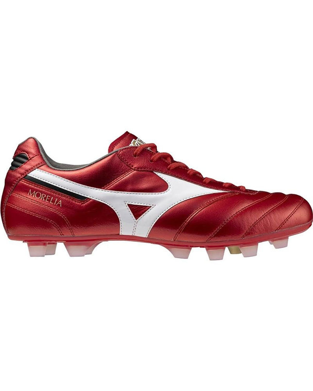 Red Mizuno Morelia II Elite adult football cleats for outdoor soccer, featuring sporty design and high-quality craftsmanship.