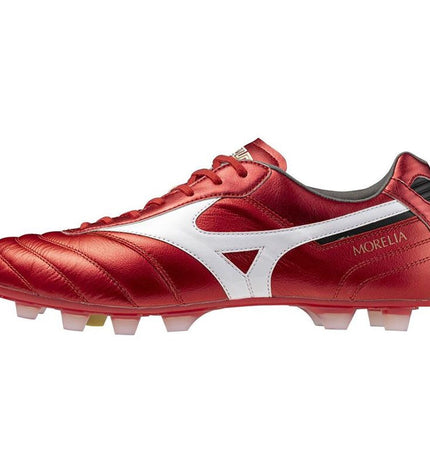 Red Mizuno Morelia II Elite adult football boots for outdoor soccer, featuring a sleek design and professional-grade sport footwear.