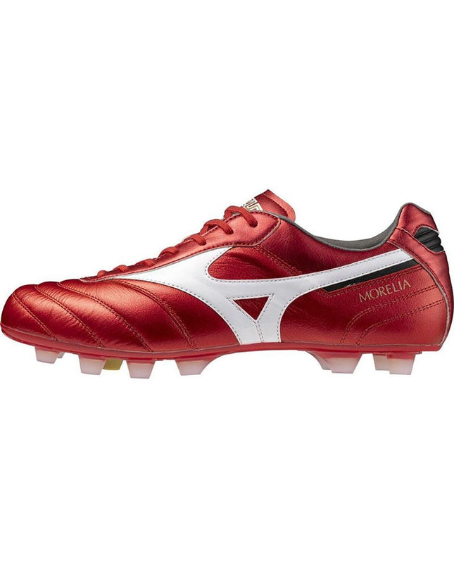 Red Mizuno Morelia II Elite adult football boots for outdoor soccer, featuring a sleek design and professional-grade sport footwear.