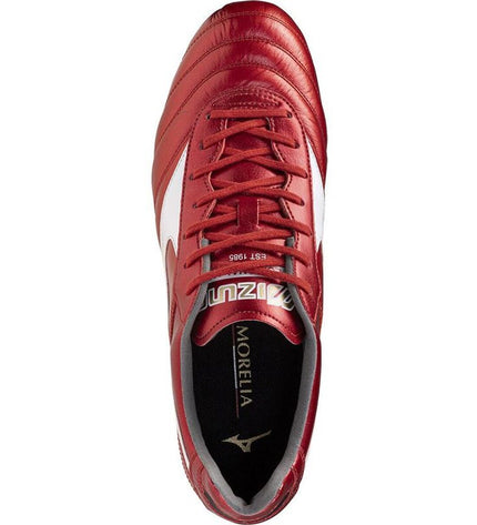 Red Mizuno Morelia II Elite adult soccer cleats for outdoor football, featuring premium leather and performance design.