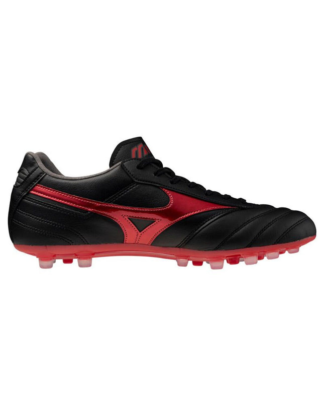 Mizuno Morelia II Pro adult soccer cleats for outdoor football, black leather with Mizuno branding and studded outsole.