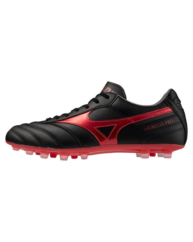 Mizuno Morelia II Pro adult football boots for outdoor sports, black leather with Mizuno branding and molded studs for traction.