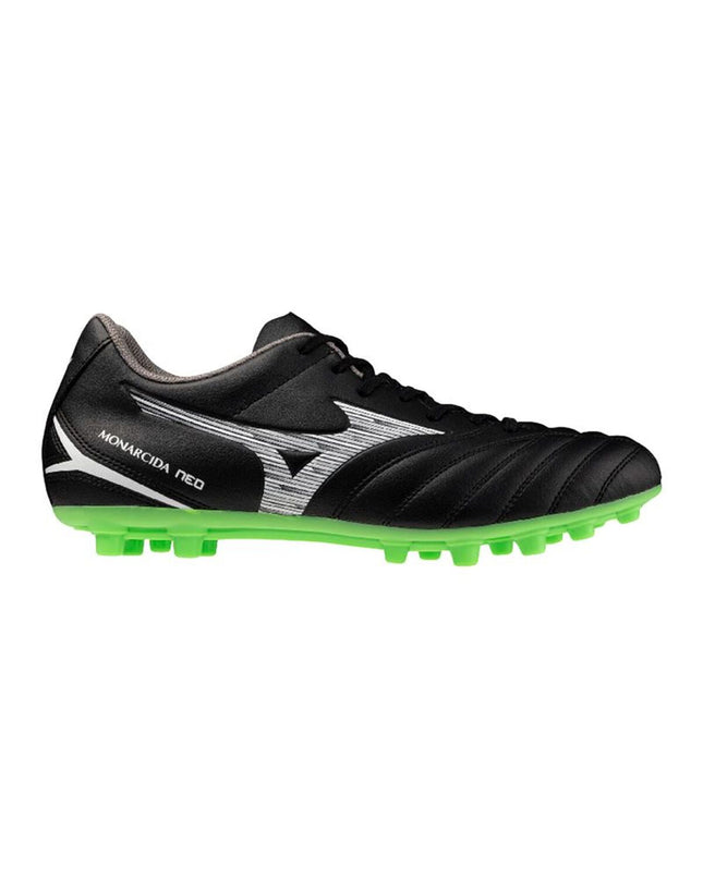 Mizuno Monarcida Neo III adult soccer cleats for outdoor football, featuring black and white design with Mizuno branding.