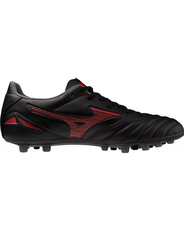 Black Mizuno Morelia Neo IV adult football shoes for outdoor soccer, featuring lightweight design and firm ground sole.