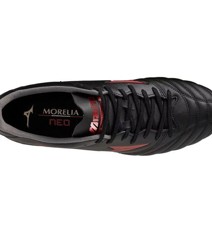 Black Mizuno Morelia Neo IV adult football cleats for outdoor soccer, featuring sleek design and premium leather construction.