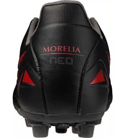 Black Mizuno Morelia Neo IV adult football soccer shoes with sleek design and laces for outdoor play