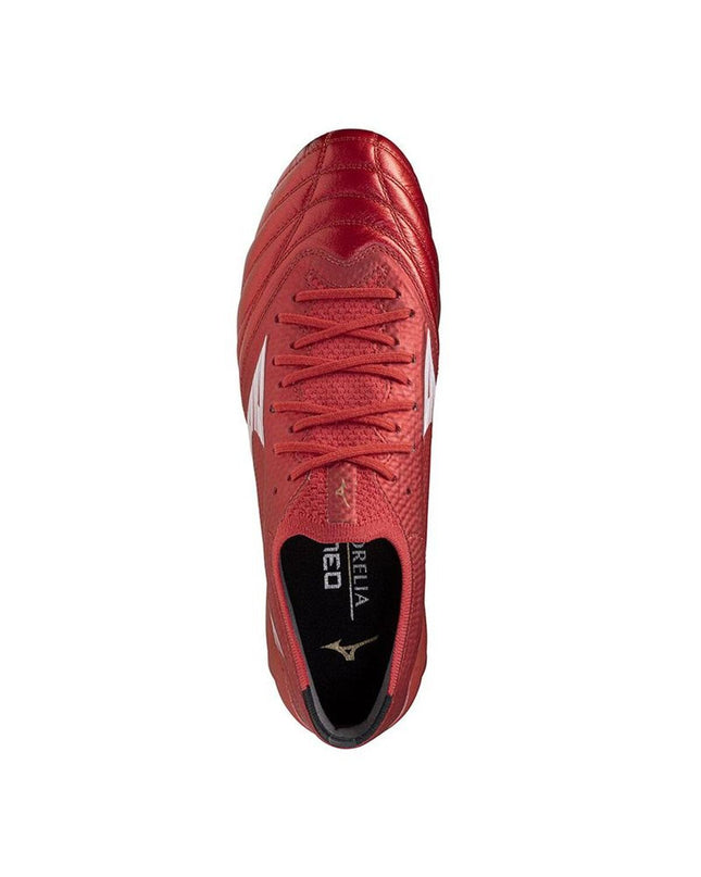 Mizuno Morelia Neo IV adult football boots in brown with leather upper and soccer cleats for outdoor sports.