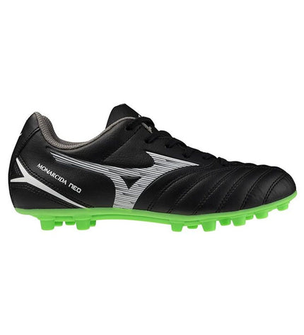 Mizuno Monarcida Neo III adult football cleats for outdoor soccer, black with white accents, lightweight sport footwear.