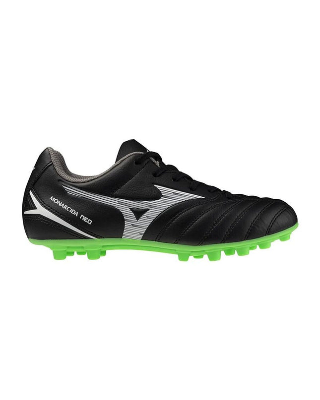Mizuno Monarcida Neo III adult football cleats for outdoor soccer, black with white accents, lightweight sport footwear.