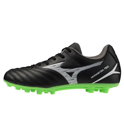 Mizuno Monarcida Neo III adult soccer cleats for outdoor football, black with white accents, designed for sport and outdoor play.