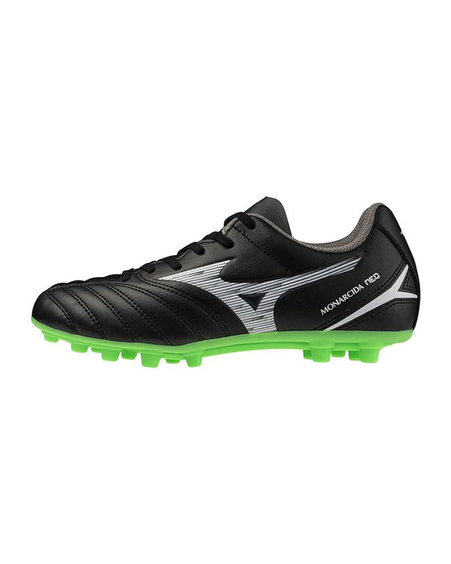 Mizuno Monarcida Neo III adult soccer cleats for outdoor football, black with white accents, designed for sport and outdoor play.