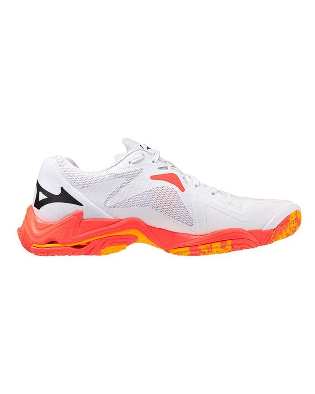 Mizuno Wave Lightning Z8 white volleyball sports shoes with cushioned soles and breathable mesh upper for outdoor play.
