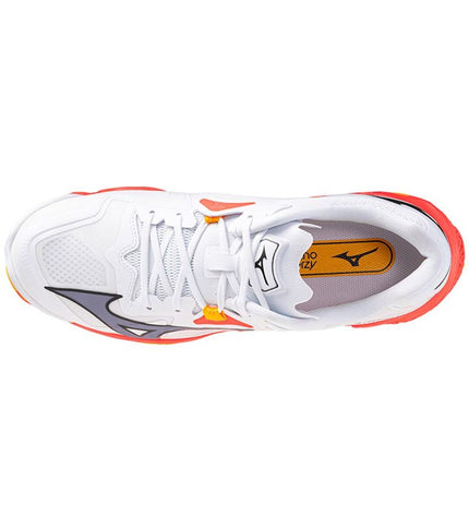 Mizuno Wave Lightning Z8 volleyball sports shoes in white, designed for outdoor and indoor volleyball play.