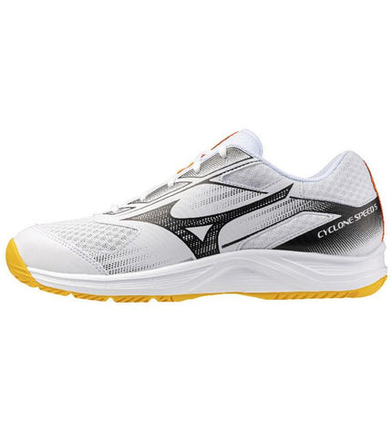 Mizuno Cyclone Speed 5 volleyball sports shoes in white, designed for outdoor volleyball with athletic features.