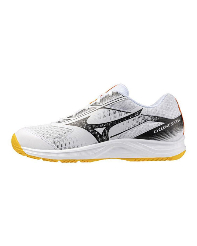 Mizuno Cyclone Speed 5 volleyball sports shoes in white, designed for outdoor volleyball with athletic features.