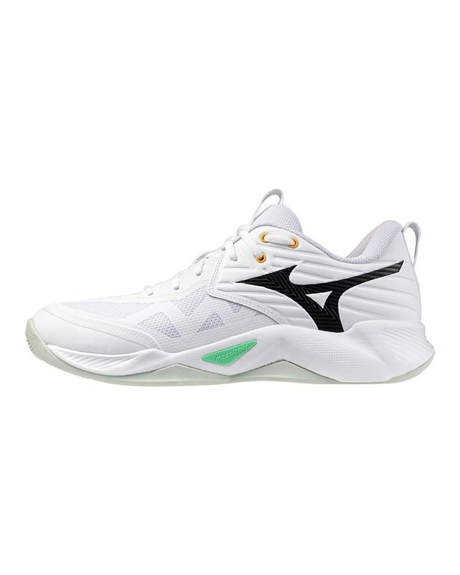 Mizuno Wave Momentum Pro volleyball sports shoes in white, designed for outdoor volleyball, featuring cushioned athletic sole.