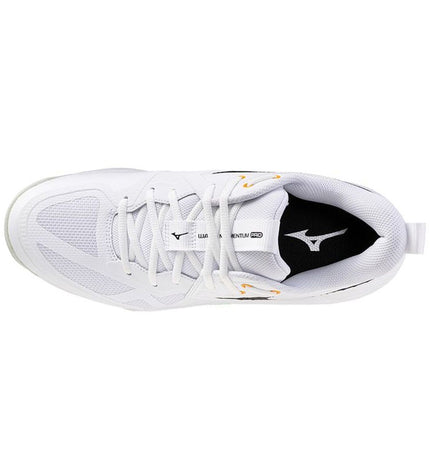 Mizuno Wave Momentum Pro volleyball shoes in white for sports and outdoor volleyball, featuring supportive design and athletic style