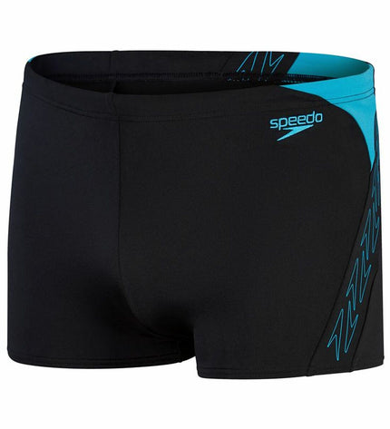 Black Speedo Hyper Boom Splice men's swim brief for water sports, featuring sporty design and comfortable fit.