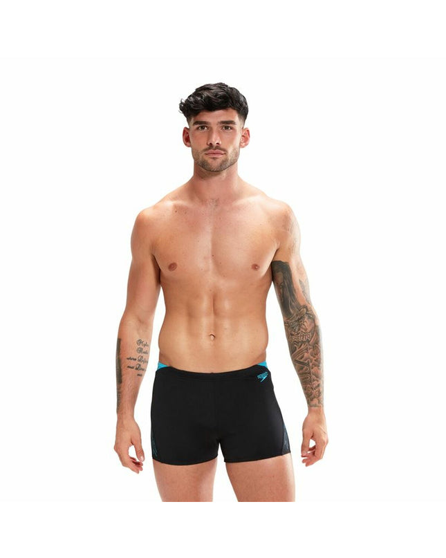 Black men's Speedo Hyper Boom Splice swim trunk for water sports, featuring sporty design and quick-drying fabric.