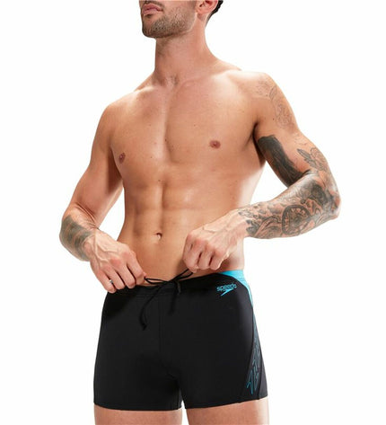 Black men's Speedo Hyper Boom Splice swim brief for water sports, featuring a sleek design and athletic fit.