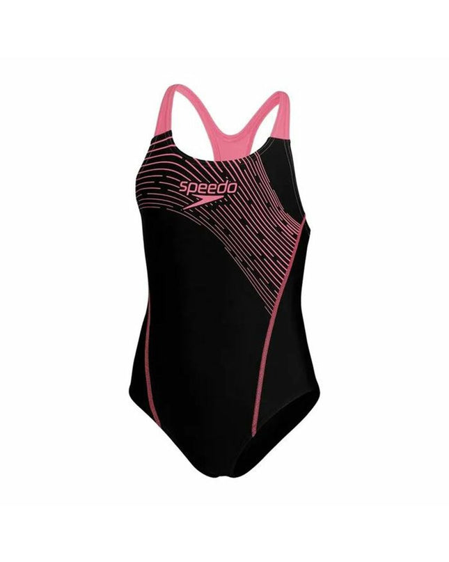 Speedo Medalist girls' black swimsuit for water sports, featuring a sleek design perfect for swimming and outdoor water activities.