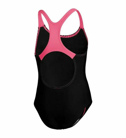 Black Speedo Medalist girls' swimsuit, sporty one-piece for watersports and outdoor activities, shown on a model.