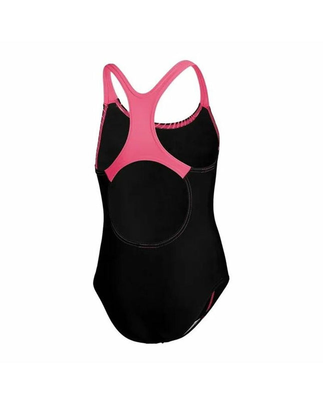 Black Speedo Medalist girls' swimsuit, sporty one-piece for watersports and outdoor activities, shown on a model.