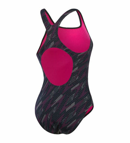 Speedo Hyperboom women's swimsuit for water sports, black and blue athletic one-piece in a close-up view